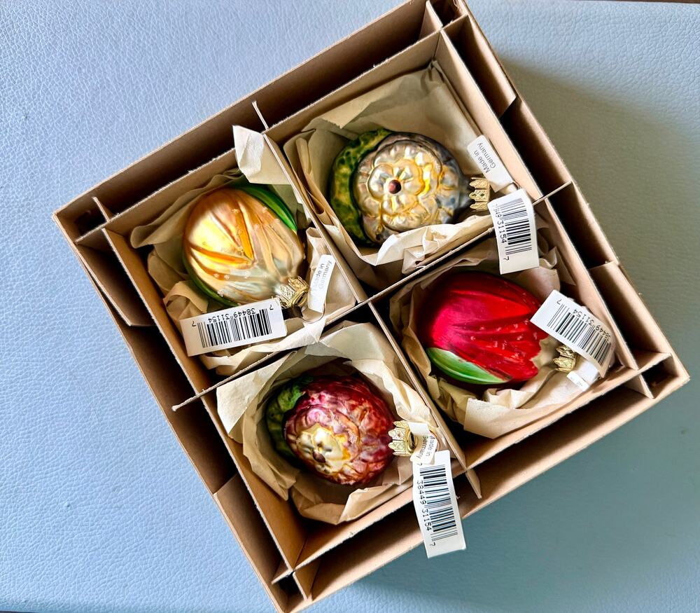 Midwest of Cannon Falls Floral Collection Glass Ornaments Set 4 Germany Boxed